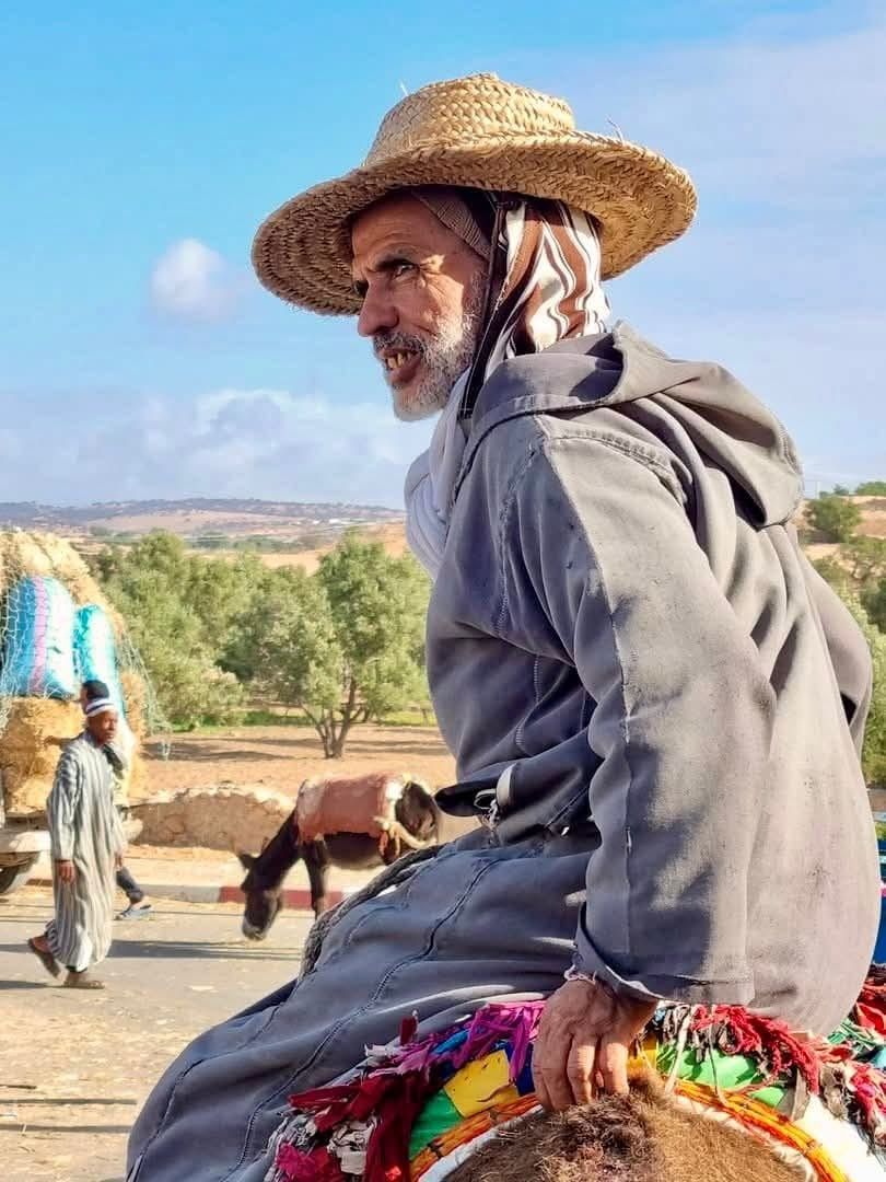 Un homme coiffé d’un chapeau de paille avance sur son âne le long d’un mur de pierre
