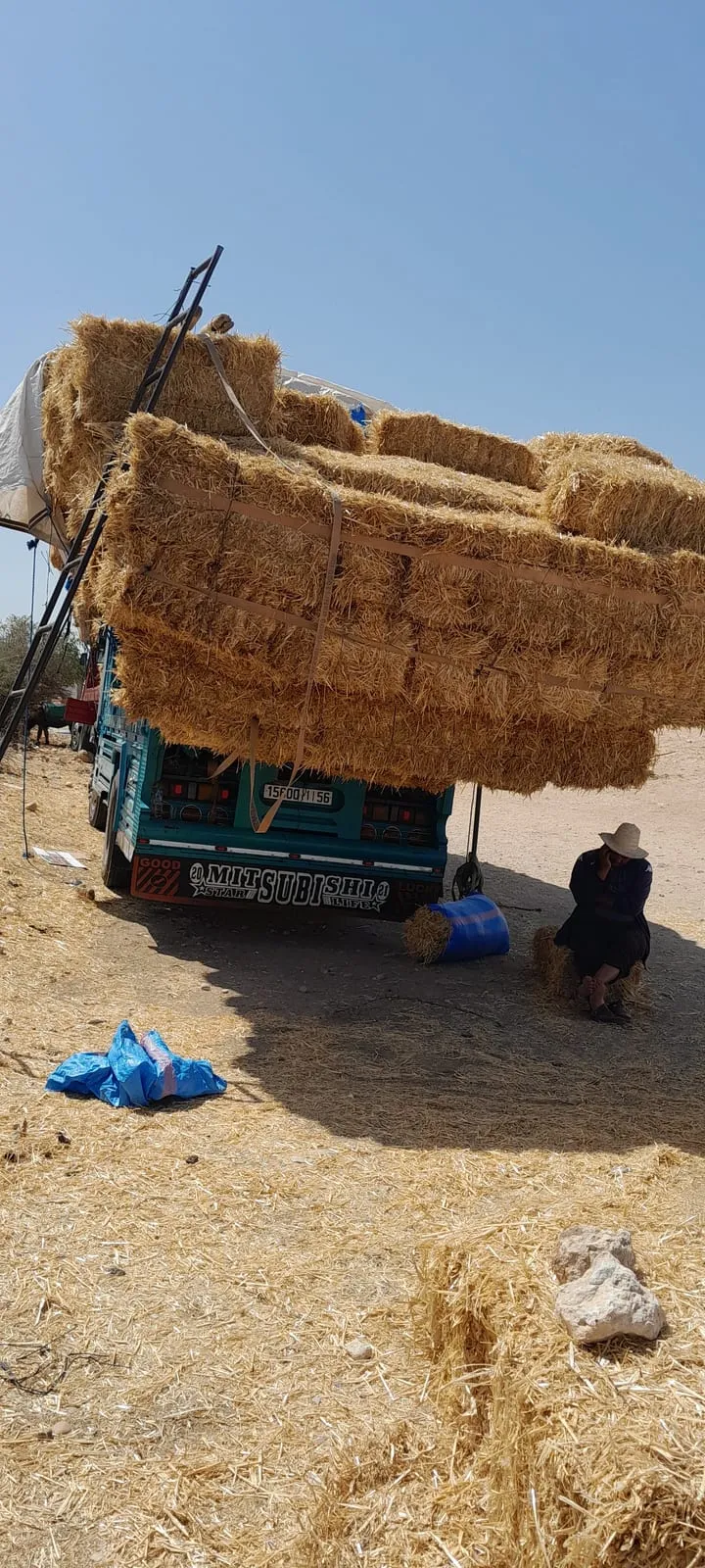Camion chargé de bottes de paille jusqu’au ciel