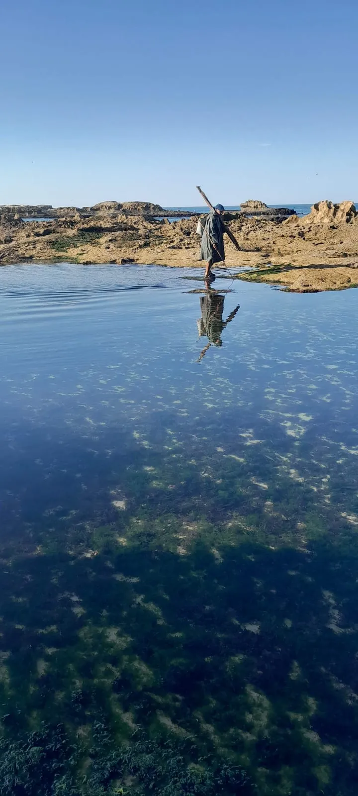Un pêcheur traverse le récif, son reflet dans la flaque