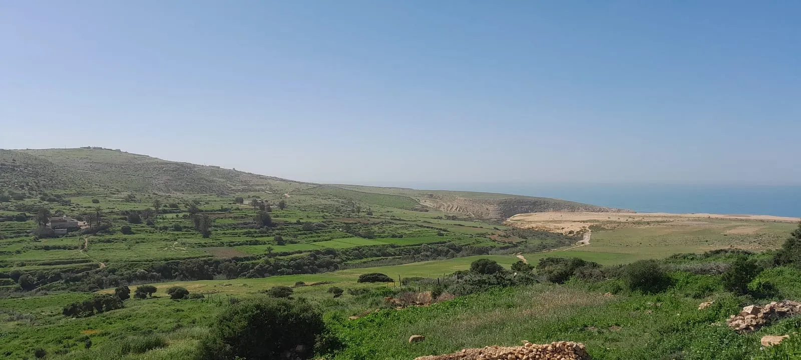 Prairie verte descendant vers le littoral
