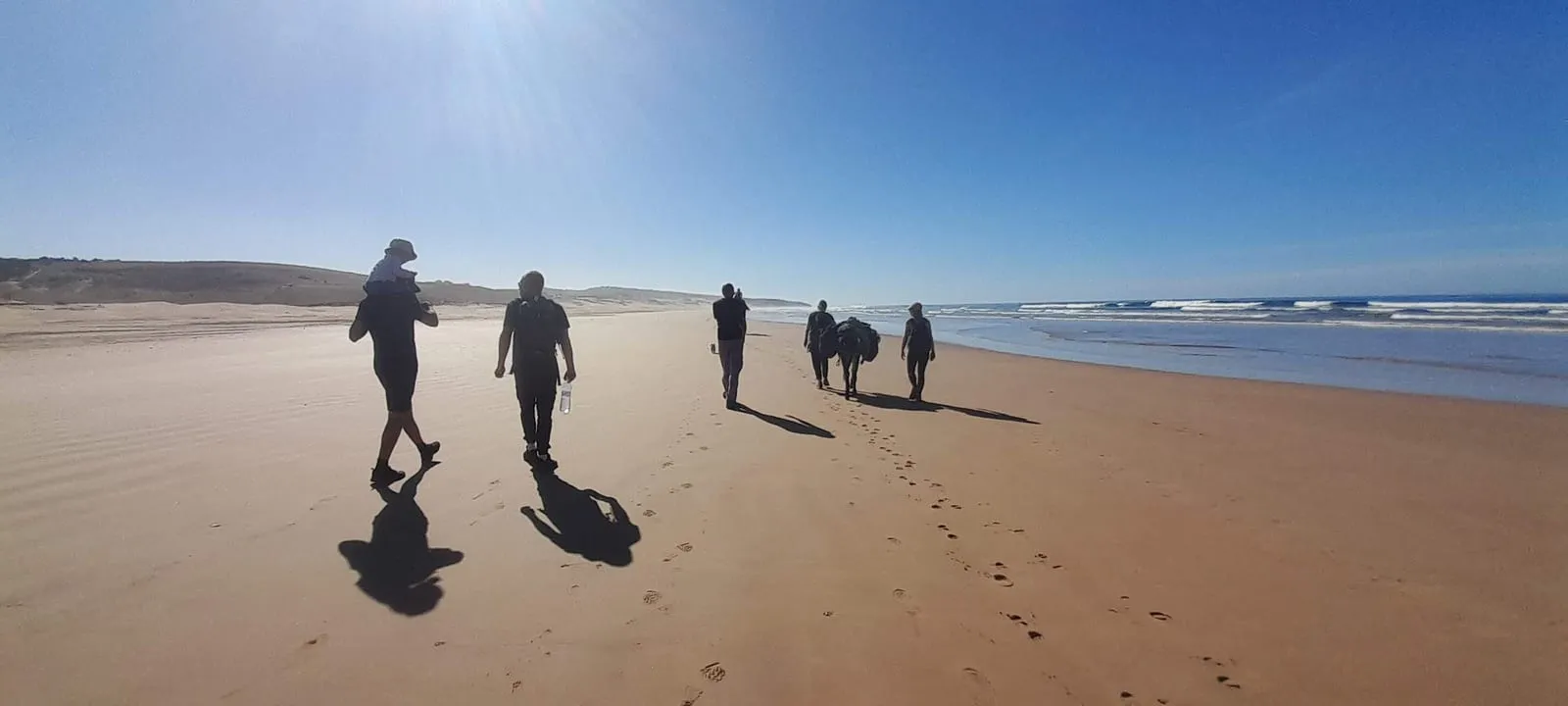 Les marcheurs longent les vagues, le dromadaire devant